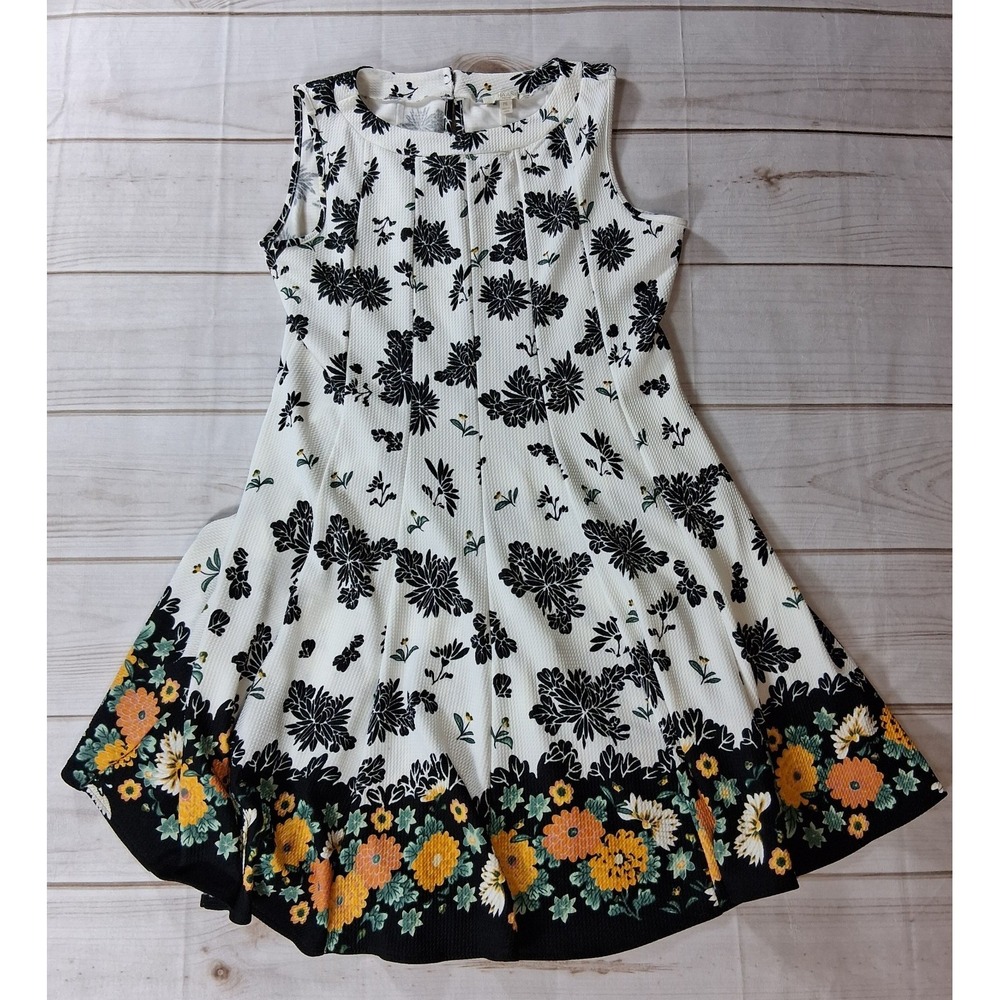 HAANI Petite A-Line Dress Womens PXL White Black Floral Sleeveless Knee Length